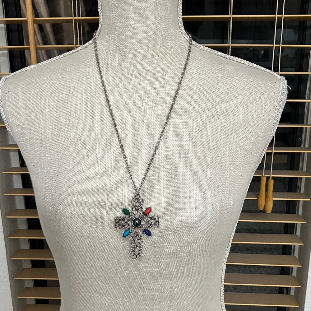 Vintage‎ Avon Romanesque Cross Necklace, faux cabochone stones silver filigree